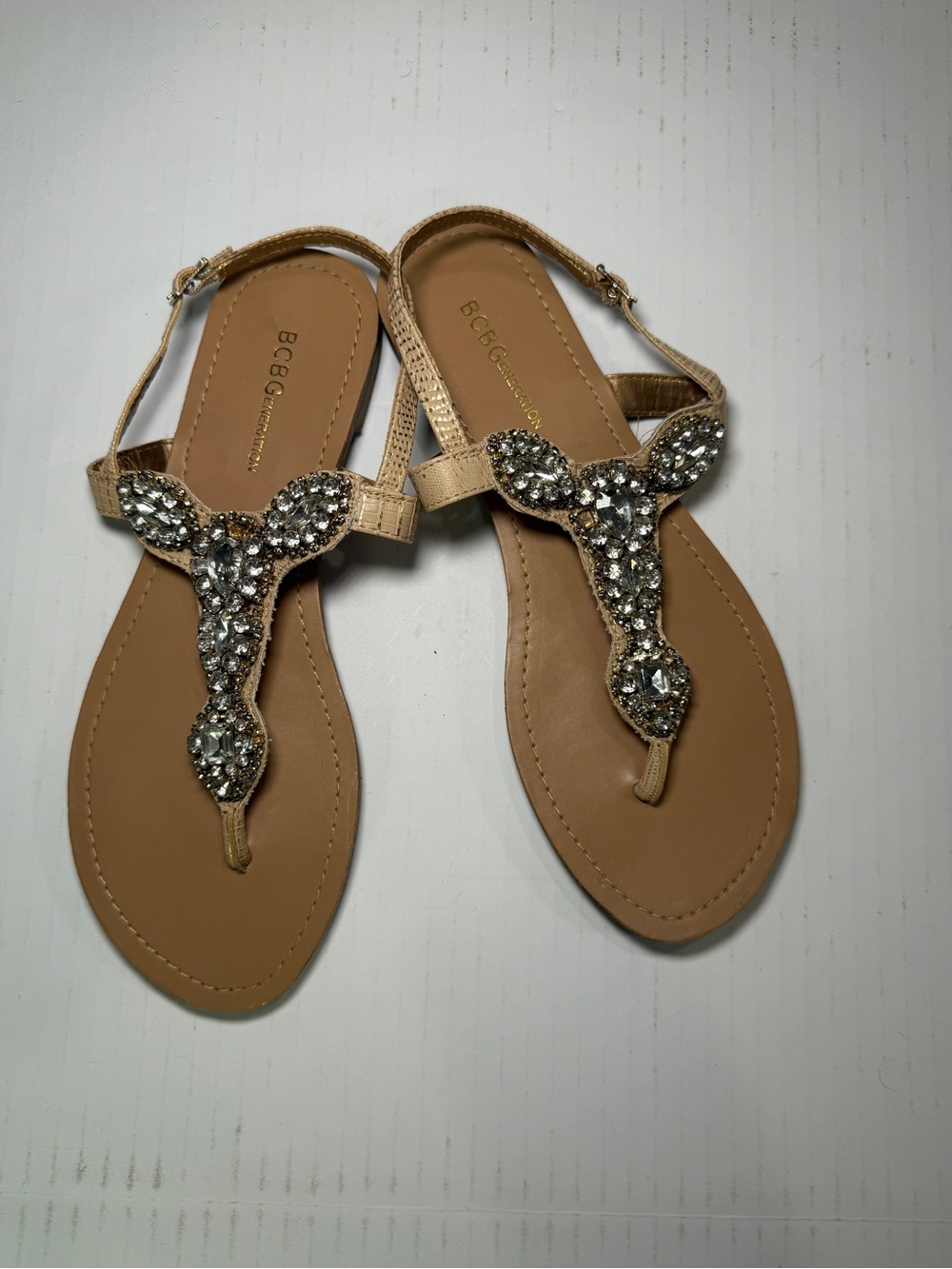 BCBG Gold Jeweled T-Strap Sandals - Tan/Gold